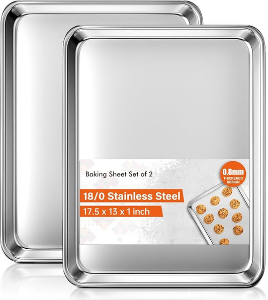 Baking Sheet Set of 2, Commercial Grade Stainless Steel Cookie Sheets for Baking, 18 x 13 Inch Thicker Large Baking Pans Oven Tray, Warp Resistant Nonstick Half Sheet Pan, Nontoxic & Heavy Duty by Unknown