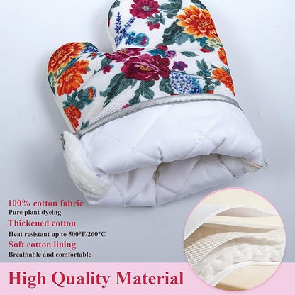Floral Oven Mitts and Pot Holders Sets 2 Pcs, Canvas Heat Resistant Kitchen Mittens with Hot Pads, Vintage Farmhouse Country Decor, Non-Slip Cooking Baking Grilling Gifts for Women Mom (Flower4)
