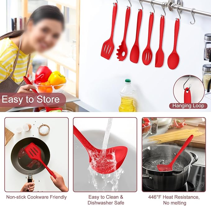 TeamFar Kitchen Utensils, 7 PCS Silicone Cooking Baking Utensil, Non-Stick Kitchen Gadgets with Ladle Spatula Spoon Turner Pasta Server, Non-Toxic & One Piece, Heat Resistant & Dishwasher Safe-Red - Image 4