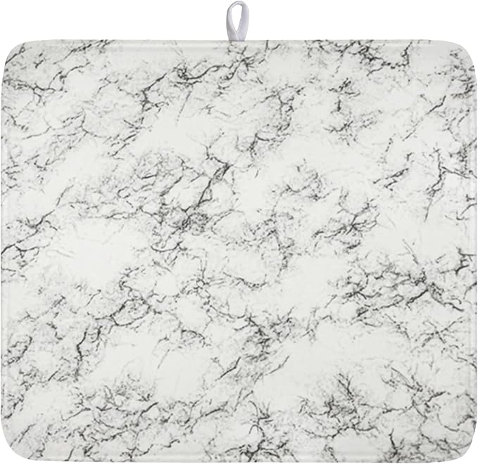 White Grey Marble Dish Drying Mat for Kitchen Counter Modern Marble Pattern Microfiber Dish Drainer Mat Absorbent Washable Drying Pad 16"x18"
