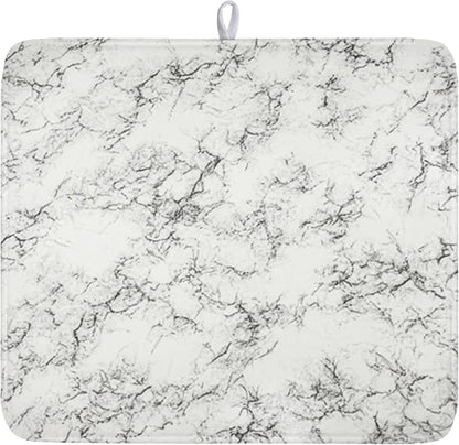 White Grey Marble Dish Drying Mat for Kitchen Counter Modern Marble Pattern Microfiber Dish Drainer Mat Absorbent Washable Drying Pad 16"x18"