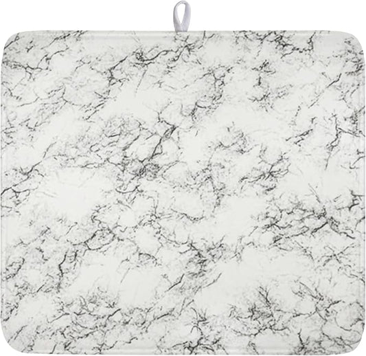 White Grey Marble Dish Drying Mat for Kitchen Counter Modern Marble Pattern Microfiber Dish Drainer Mat Absorbent Washable Drying Pad 16"x18"