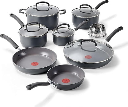T-Fal Ultimate Hard Anodized Nonstick 13 Piece Cookware Set, Oven Safe Up to 400°F, Pots and Pans Set, Includes Frying Pans, Saucepan, Stockpot, Cooking Utensils, Stone by T-falbrand