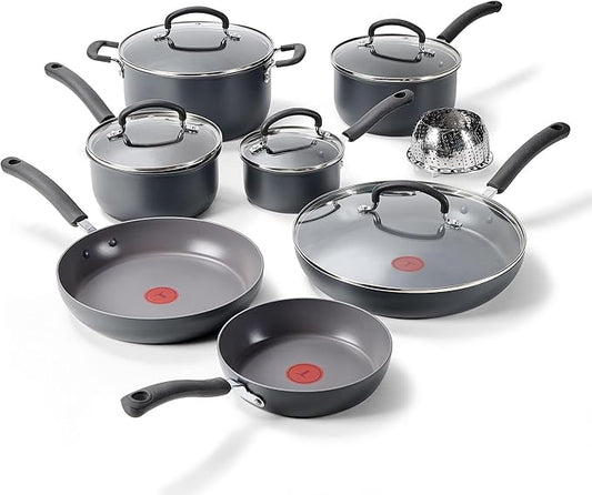 T-Fal Ultimate Hard Anodized Nonstick 13 Piece Cookware Set, Oven Safe Up to 400°F, Pots and Pans Set, Includes Frying Pans, Saucepan, Stockpot, Cooking Utensils, Stone by T-falbrand