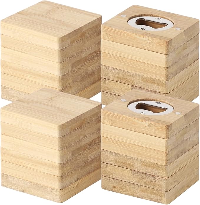 24Pcs Bamboo Bottle Opener,2.6 x 0.5" Wooden Bottle Openers Blanks Bulk,Square Custom Bottle Openers with Blank DIY, Adsorbent Refrigerator Sticker Presents for Parties, Weddings, Bars