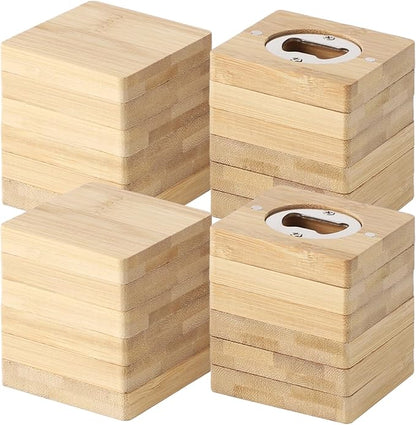 24Pcs Bamboo Bottle Opener,2.6 x 0.5" Wooden Bottle Openers Blanks Bulk,Square Custom Bottle Openers with Blank DIY, Adsorbent Refrigerator Sticker Presents for Parties, Weddings, Bars
