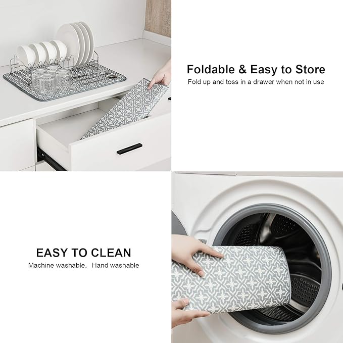 SUBEKYU Dish Drying Mats for Kitchen Counter, Microfiber Absorbent Dish Drainer/Rack Pads for Sink, 19.5*15.8 inch, Set of 2, Grey, leaf - Image 6