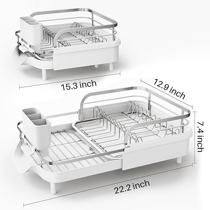 SAYZH Dish Drying Rack - Expandable Dish Rack for Kitchen Counter, Rust-Resistant Dish Drainer with Utensil Holder and Raised Guardrail, Kitchen Organizer for Cup and Bottle (White) - Image 4