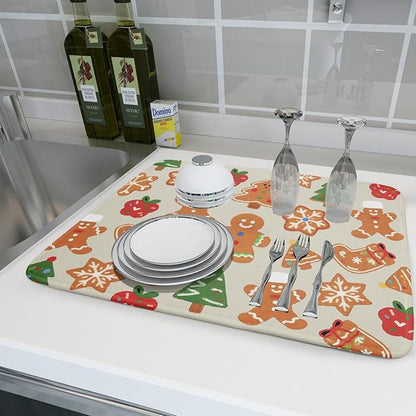 Christmas Dish Drying Mat for Kitchen Counter 18x24 Cute Gingerbread Themed Winter Xmas Holiday Absorbent Reversible Microfiber Drying Mats Kitchen Countertop Protector Dishes Drainer Rack Pad - Image 6