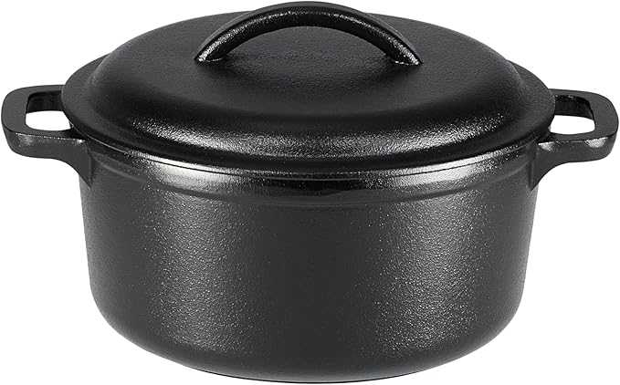 Amazon Basics Pre-Seasoned Cast Iron Mini Dutch Oven Pot with Lid and Dual Handles, Oven Safe, 2-Quart, Round, Black by AmazonBasics