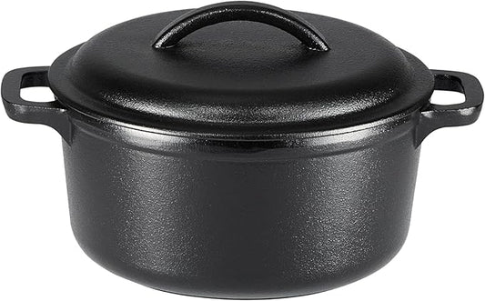 Amazon Basics Pre-Seasoned Cast Iron Mini Dutch Oven Pot with Lid and Dual Handles, Oven Safe, 2-Quart, Round, Black by AmazonBasics