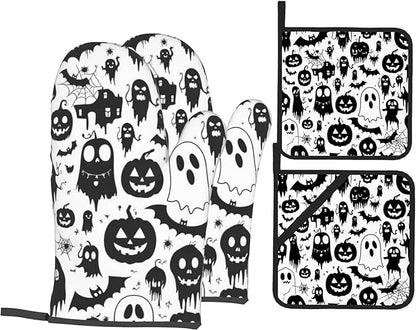 Halloween Ghost Pumpkin Pattern Oven Gloves and Hot Pads Set - Heatproof Hand Protection for Baking, Grilling, Cooking 4Pcs