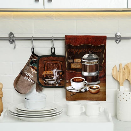 Jingmore 6 Pcs Kitchen Decor Set Accessorie Farmhouse Kitchen Towels Pot Holders Oven Mitts Set 2 Dish Towels 2 Pot Holders 2 Cooking Mittens Oven Glove for Cooking(Dark Brown,Coffee) - Image 3