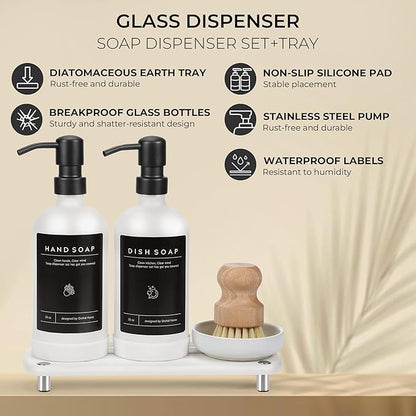 [Luxury] Kitchen Soap Dispenser Set - 16OZ White Glass Bottle, Stainless Steel Pump, Instant Dry Tray, Waterproof Labels, Non-Slip Silicone Pad, and Dish Brush | Upgrade for Your Kitchen and Bathroom - Image 2