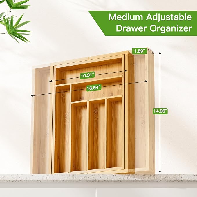Pipishell Bamboo Expandable Drawer Organizer for Utensils Holder, Adjustable Cutlery Tray, Wood Drawer Dividers Organizer for Silverware, Flatware, Knives in Kitchen, Bedroom, Living Room(M-N) - Image 2