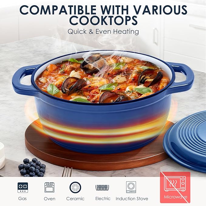 Cast Iron Dutch Oven Pot With Lid - AIVIKI 5QT Enameled Dutch Oven for Bread Baking With Cotton Potholders - Heavy- Duty Cookware Across All Cooktops, Wedding Registry Ideas & Gifts, Blue - Image 4