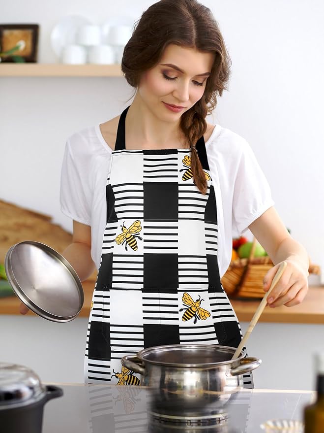 Bencailor 6 Pcs Spring Kitchen Aprons with Pockets Flower Rooster Bee Butterfly Sunflower Summer Aprons Bulk for Women(Yellow, Black, White,Sunflower Bee) - Image 2
