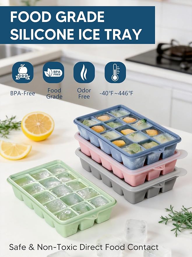 4 Pack Silicone Ice Cube Trays with Lid, Easy Release Ice Cube Trays for Freezer, Reusable and Stackable Silicone Ice Molds, Covered Ice Cube Trays for Cocktails, Whiskey, Coffee - Image 4