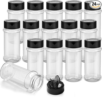 TUZAZO 24 Pcs Spice Bottles Plastic Seasoning Containers, 3 Oz Clear Plastic Spice Jars with Shaker Lids Empty for Spice & Herbs, Powders, Glitters, BPA Free | Heavy Duty | Wide Mouth | Dual Flaps by TUZAZO