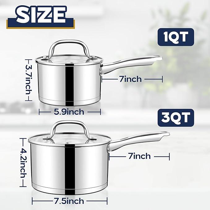 LIANYU Stainless Steel Saucepan Set of 2, 1QT & 3QT Sauce Pan with Lid, Tri-Ply Bottom Milk Pot, All Stove Compatible, Oven & Dishwasher Safe