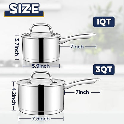 LIANYU Stainless Steel Saucepan Set of 2, 1QT & 3QT Sauce Pan with Lid, Tri-Ply Bottom Milk Pot, All Stove Compatible, Oven & Dishwasher Safe