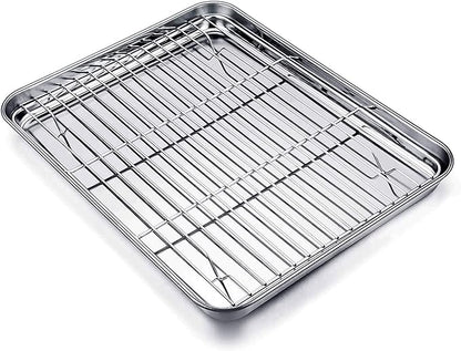 TeamFar Baking Tray and Rack Set, Stainless Steel Baking Pan Cookie Sheet with Cooling Rack, 12.5 x 9.5 x 1 inch, Non Toxic & Healthy, Easy Clean & Dishwasher Safe