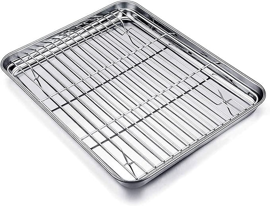TeamFar Baking Tray and Rack Set, Stainless Steel Baking Pan Cookie Sheet with Cooling Rack, 12.5 x 9.5 x 1 inch, Non Toxic & Healthy, Easy Clean & Dishwasher Safe