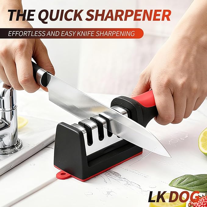 4-in-1 Kitchen Knife Sharpener, Professional Grade with Tungsten Steel and Ceramic Slots, Scissor Sharpening, Black/Red - Image 5