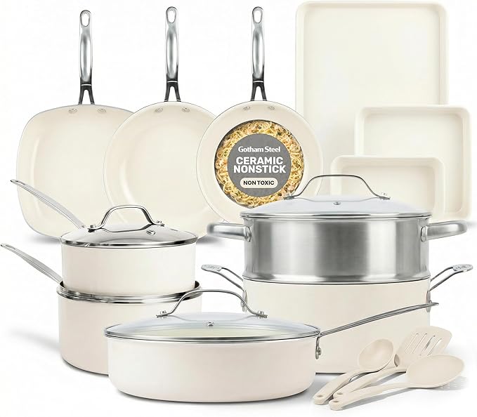 GOTHAM STEEL 20 Pc Ceramic Cookware Set Nonstick, Ceramic Pots and Pans Set Non Stick for Kitchen with Bakeware, Cooking Utensils & Steamer, Non Toxic PFOA PFOS Free, Oven & Dishwasher Safe by GothamSteel