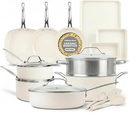 GOTHAM STEEL 20 Pc Ceramic Cookware Set Nonstick, Ceramic Pots and Pans Set Non Stick for Kitchen with Bakeware, Cooking Utensils & Steamer, Non Toxic PFOA PFOS Free, Oven & Dishwasher Safe by GothamSteel