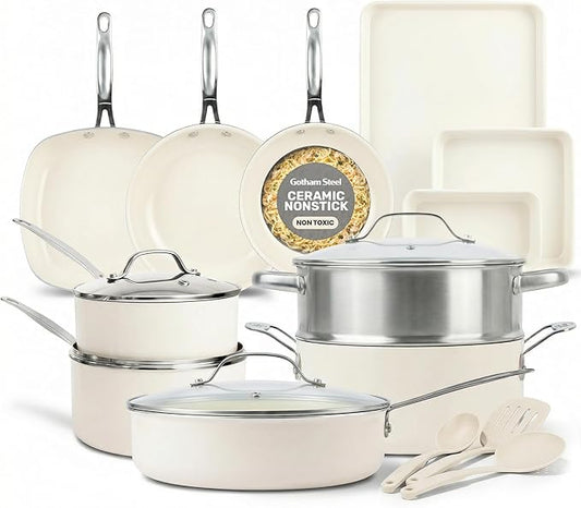 GOTHAM STEEL 20 Pc Ceramic Cookware Set Nonstick, Ceramic Pots and Pans Set Non Stick for Kitchen with Bakeware, Cooking Utensils & Steamer, Non Toxic PFOA PFOS Free, Oven & Dishwasher Safe by GothamSteel