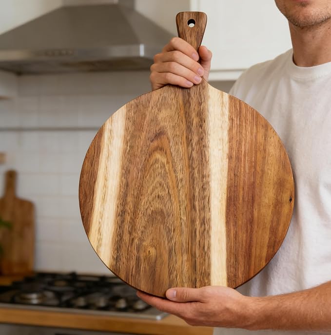 ZeQi Round Acacia Wood Cutting Board with Handle 16''x12'' /Charcuterie Board/Pizza Board/Serving Board for Cheese, Bread, Vegetables & Fruits (Round) - Image 5