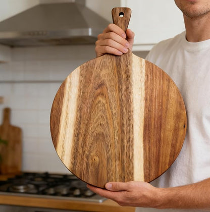 ZeQi Round Acacia Wood Cutting Board with Handle 16''x12'' /Charcuterie Board/Pizza Board/Serving Board for Cheese, Bread, Vegetables & Fruits (Round) - Image 5