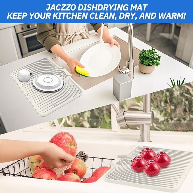 Dish Drying Mat for Kitchen Counter, with Built-in Drain Lip, Food-Grade Silicone, Easy Clean Pad for Countertop Protection, Multi-Functional Use (18x11.8, Beige) - Image 6