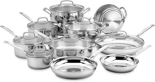 Cuisinart 17-Piece Stainless Steel Cookware Set, Chef's Classic Steel Collection with Pure Aluminum Core for Quick and Even Heat, Cool Grip Handles, Dishwasher Safe, 77-17N by Cuisinart