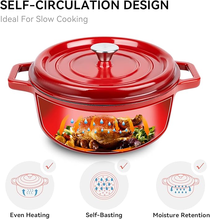 Miereirl 6.5 Quart Enameled Dutch Oven Pot with Lid, Cast Iron Dutch Oven with Dual Handles for Bread Baking, Cooking, Non-stick Enamel Coated Cookware (Red) - Image 2