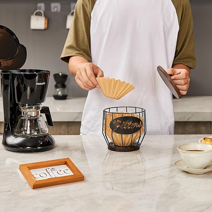 Yangbaga Coffee Filter Holder with Wood Lid,Wood and Metal Coffee Filter Storage Container Basket for Coffee Filters 2-4 Cup,Round Coffee Filter Holder Case for Counter,Coffee Bar Accessories decor - Image 7