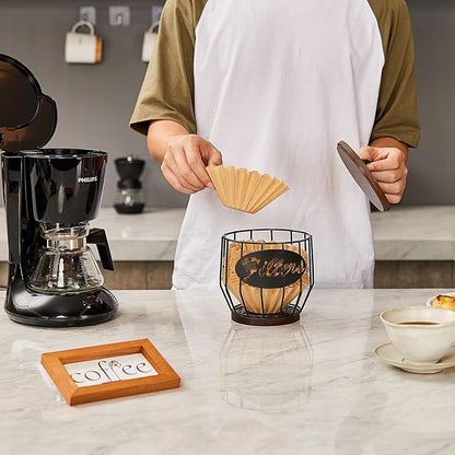 Yangbaga Coffee Filter Holder with Wood Lid,Wood and Metal Coffee Filter Storage Container Basket for Coffee Filters 2-4 Cup,Round Coffee Filter Holder Case for Counter,Coffee Bar Accessories decor - Image 7
