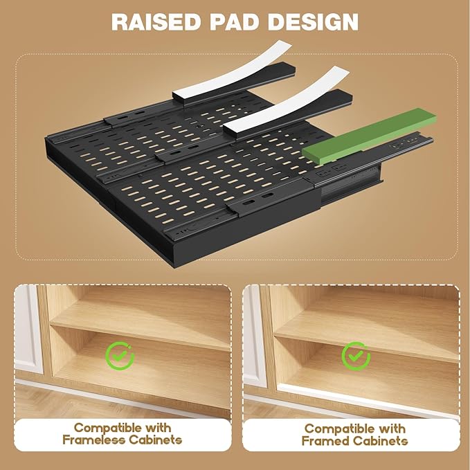 Seinloes 4 Pack Pull Out Cabinet Organizer With Raising Pad for Framed Cabinets,Expandable Width (13"-21") and Depth (17"-24"),3 Slide Rails Slide Out Drawers with Handle,No-Drill Roll Out Shelf,Black - Image 3