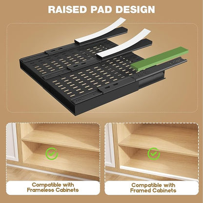 Seinloes 4 Pack Pull Out Cabinet Organizer With Raising Pad for Framed Cabinets,Expandable Width (13"-21") and Depth (17"-24"),3 Slide Rails Slide Out Drawers with Handle,No-Drill Roll Out Shelf,Black - Image 3