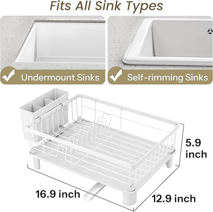 SNTD Dish Drying Rack - Small Dish Rack for Kitchen Counter, Stainless Steel Dish Drainer with Utensil Holder and Drainboard, 12.9" W x 16.9" L (White) - Image 2