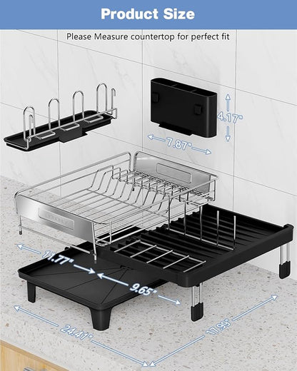 Expandable Dish Drying Rack, Dish Racks for Kitchen Counter, Stainless Steel 304, Flip-Top Retractable Plate, Multi-Directional Adjustable Dish Rack, Space Saving Large Drying Rack Kitchen, Black - Image 8