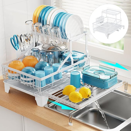 GSlife Large 2 Tier Dish Drying Rack, Expandable Heavy-Duty Dish Rack for Kitchen Counter, Rust-Resistant Dish Drainer with Utensil & Cup Holder, Auto-Drain, 16.9" W x 14.4"-22.4" L, White by GSlife