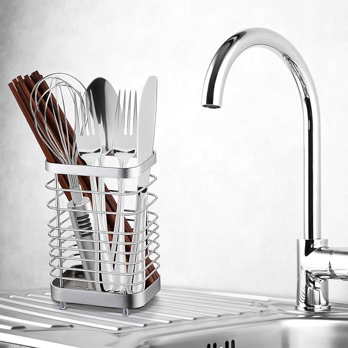 Utensil Holder, Stainless Steel Utensil Drying Rack for Kitchen Counter, Silverware Cutlery Flatware Holder Forks, Knives, Spoons, Chopsticks Organizer (Silver) - Image 5