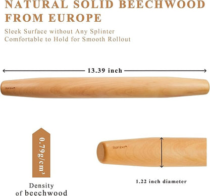 Bamber Wood French Rolling Pin for Baking Small Wooden Rolling Dowel Stick Dough Roller for Cookie Dumpling Pastry Pizza Tortilla, 13.4'' by 1.2''