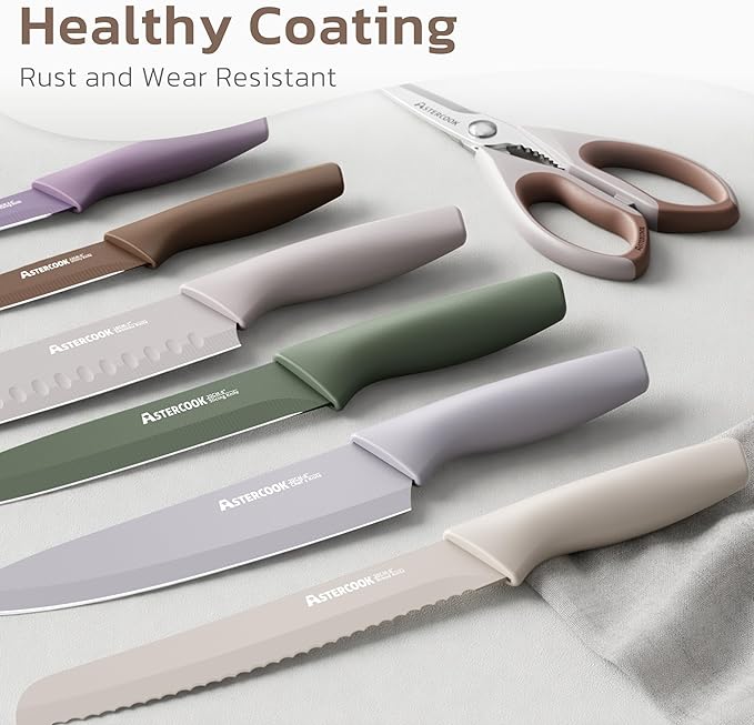 Astercook Knife Set, 13 Pieces Kitchen Knives Set with Healthy Anti-Rust Coating, Dishwasher Safe, Stainless Steel Chef Knife Sets with 6 Blade Guards, Perfect Mothers Day Gifts for Kitchen Morandi - Image 2