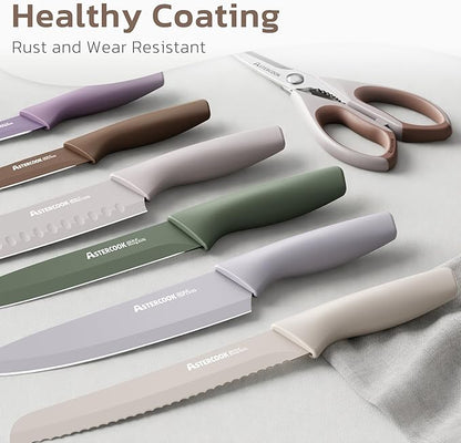 Astercook Knife Set, 13 Pieces Kitchen Knives Set with Healthy Anti-Rust Coating, Dishwasher Safe, Stainless Steel Chef Knife Sets with 6 Blade Guards, Perfect Mothers Day Gifts for Kitchen Morandi - Image 2