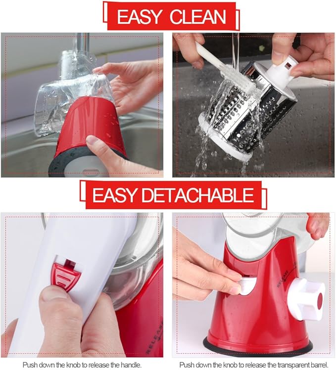 Cambom Rotary Cheese Grater Hand Crank Cheese Shredder for Fresh Cheese, Vegetable, Nuts,Non-slip Suction Base, Free Cleaning Brush Three Blades, Red - Image 6