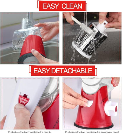 Cambom Rotary Cheese Grater Hand Crank Cheese Shredder for Fresh Cheese, Vegetable, Nuts,Non-slip Suction Base, Free Cleaning Brush Three Blades, Red - Image 6
