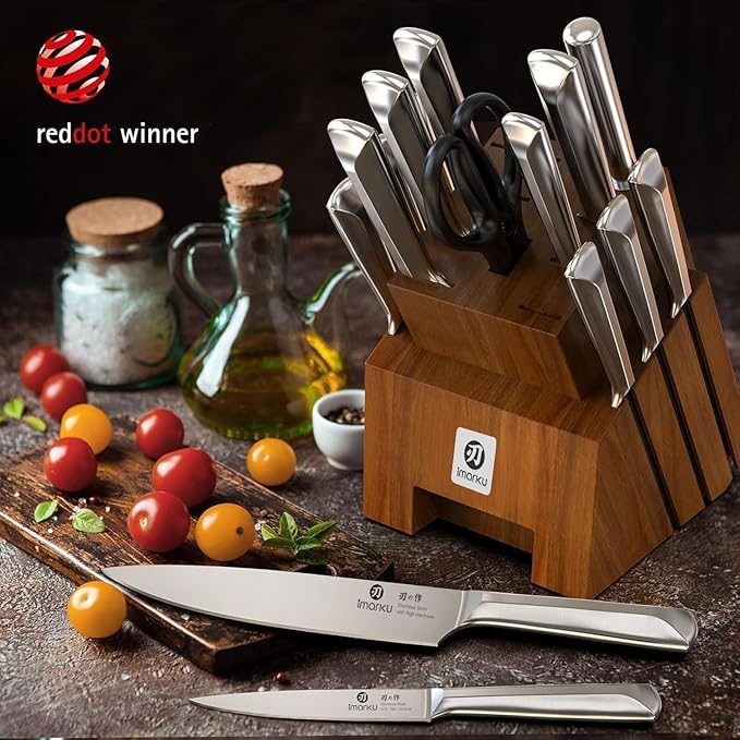 imarku Knife Set, 16PCS High Carbon Stainless Steel Kitchen Knife Set with Block Ultra Sharp Knife Block Set, Japanese Knife Set with Dotted Non-slip Ergonomic Handle, Best Gifts - Image 6